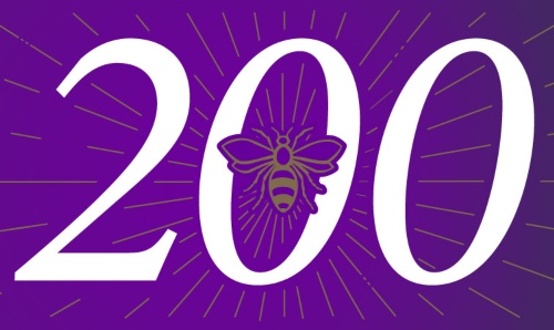 Large, white 200 on a purple background.