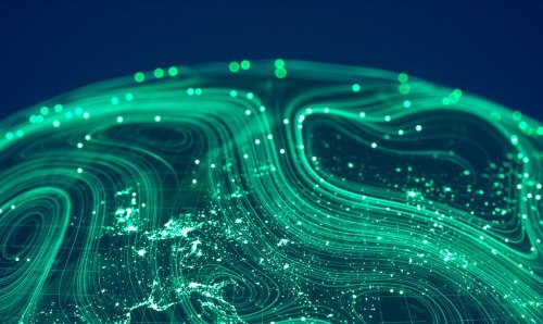 Abstract image of data streams coming together to make the shape of the globe.