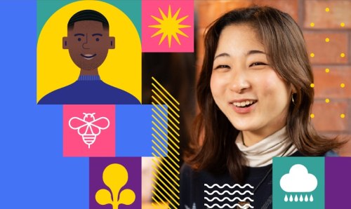 University graphic with a current student and an illustration of another.