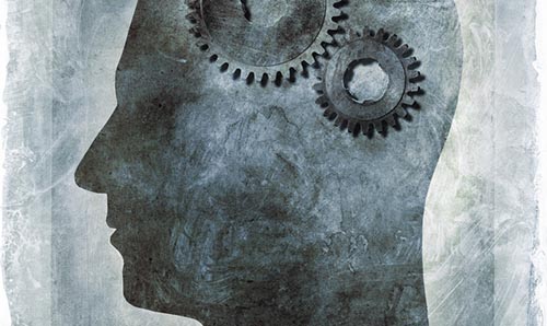 Painting of a head containing a pair of cogs in place of a brain