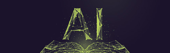 Open book with glowing green circuits forming 'AI', symbolising knowledge, learning, and technology.