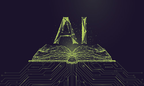 Digital image of an open book with glowing green circuits forming 'AI'.