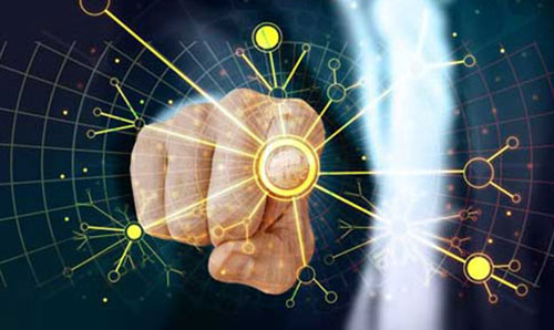 A finger points to a digital network on a see-through screen