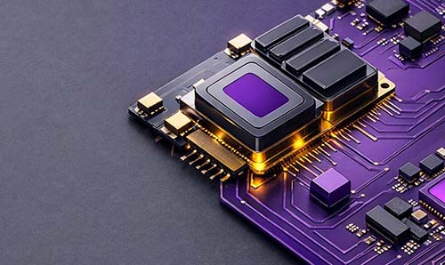 A close up of a purple motherboard.
