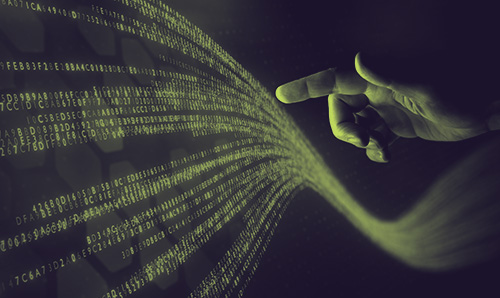 Hand reaching towards a digital stream of binary code, symbolising data, AI, and advanced technology