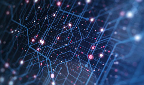 Abstract blue and pink circuitry, suggesting data flow and AI networks.
