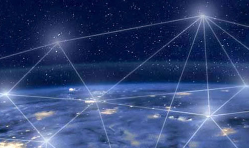 View of Earth from space with glowing points connected by white network lines, symbolising global connectivity.