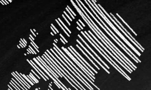 White line-art map of Europe created from horizontal bars on a dark background, symbolising connection.