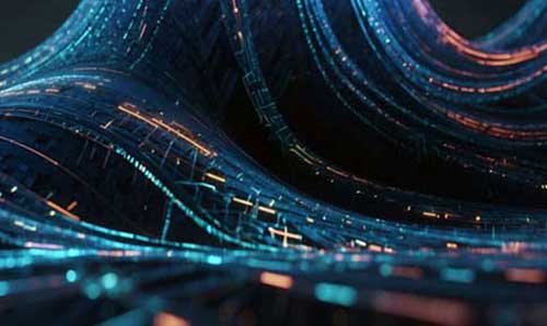 Abstract blue and orange waves forming curved circuitry, suggesting data flow and AI networks.