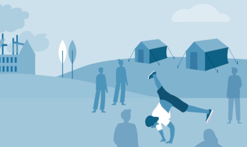 Infographic of person performing with tents and helicopter in background