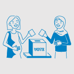 Two women put their vote into a ballot box. 