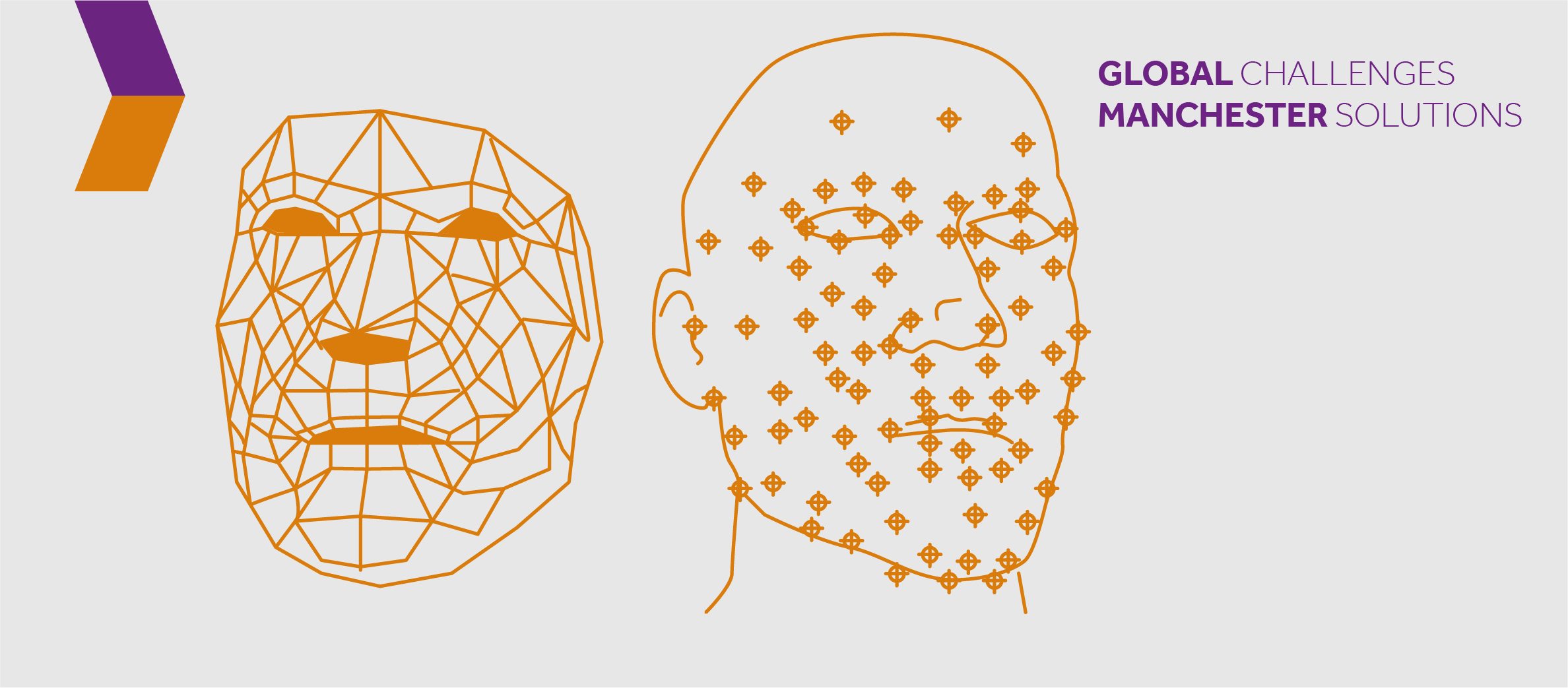 Two faces, one of which has been technologically mapped out using a human face.
