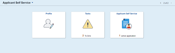 A screenshot of the applicant self-service page. Showing three tiles: profile, tasks, and applicant self-service.