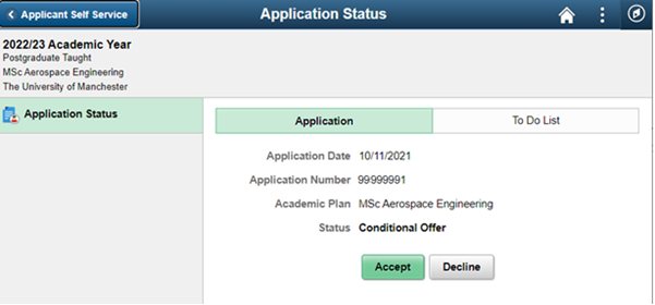 A screenshot of the 'application status' page. Showing a conditional offer, with two buttons: accept and decline.