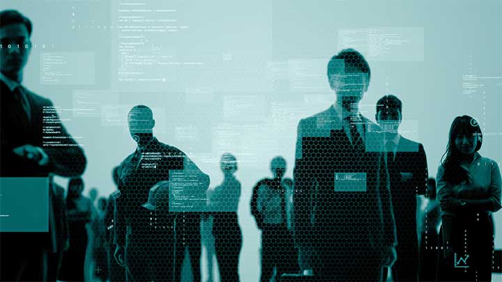 Silhouettes of people, digital code in the background 
