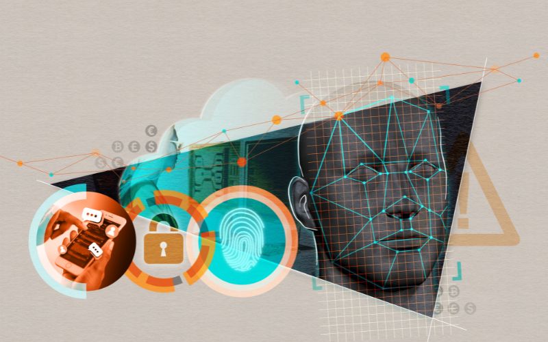 Illustration with a mobile device, fingerprint, biometric data and padlock