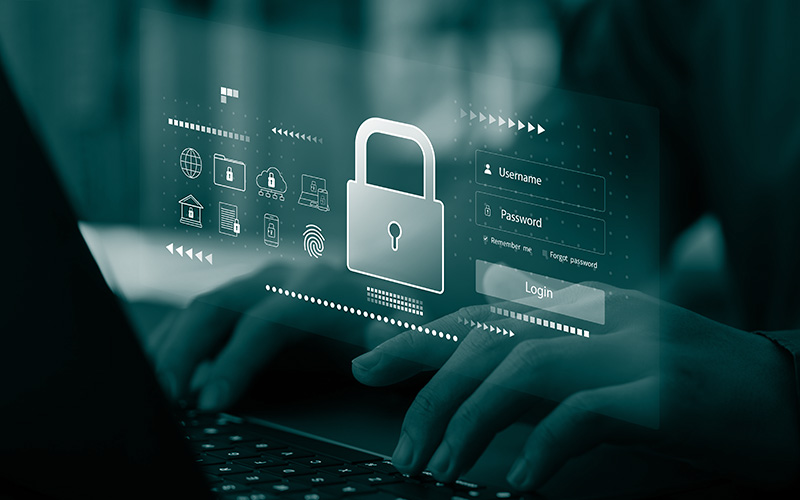 Illustration with a mobile device, fingerprint, biometric data and padlock