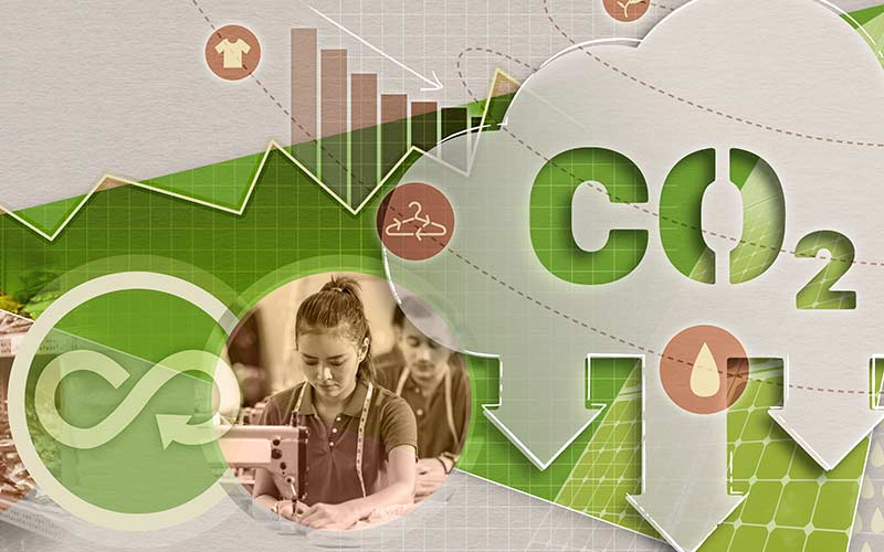 Illustration with a cloud, and people working in textile factories