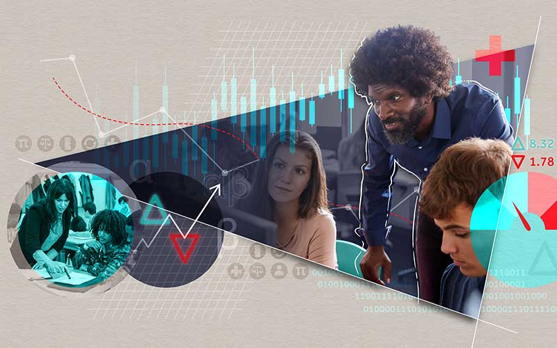 illustration with teachers, students, graphs and money