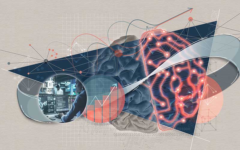 Illustration with a brain, mobius strip and digital networks