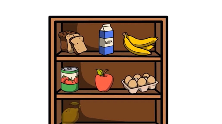 A still from Erin's video showing an illustration of a cupboard with food on the shelves.