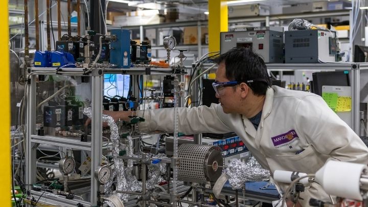 A researcher checks over an experiment underway in the lab.