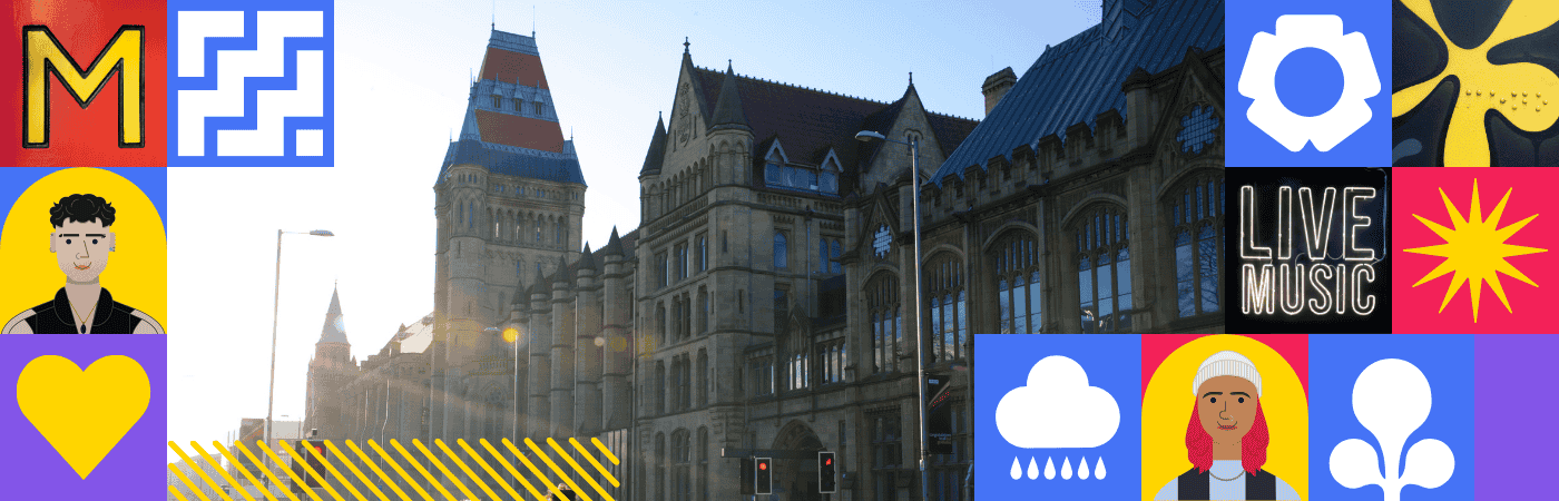 University campus on Oxford Road, in the sunshine.